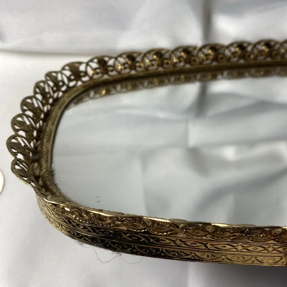 Vintage Antique Gold Filigree Mirrored Vanity Tray